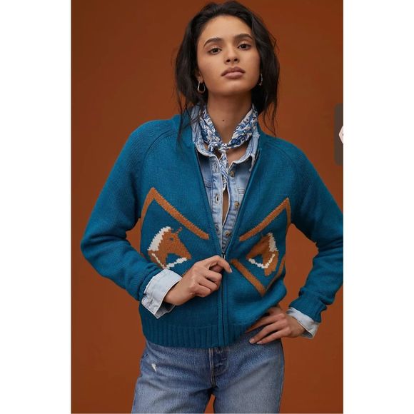 Anthropologie Sweaters - New Anthropologie Horse Zip-Front Cardigan Size XL Color Blue